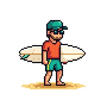 Pixel art illustration of a male surfer holding a surfboard on the sand