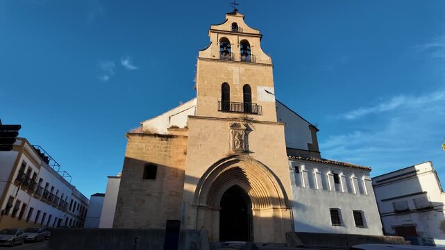 Panning view of Parroquia de San Mateo church exterior, Jerez de la Frontera, Spain