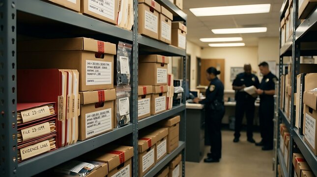 Police officers working in a room full of cardboard evidence boxes on metal storage shelves for criminal investigation