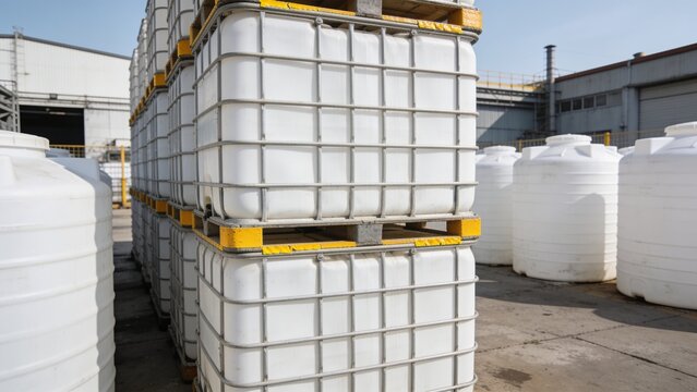 white ibc container in outdoor stock yard of factory, white plastic chemical tanks. The containers are piled on top of each other.