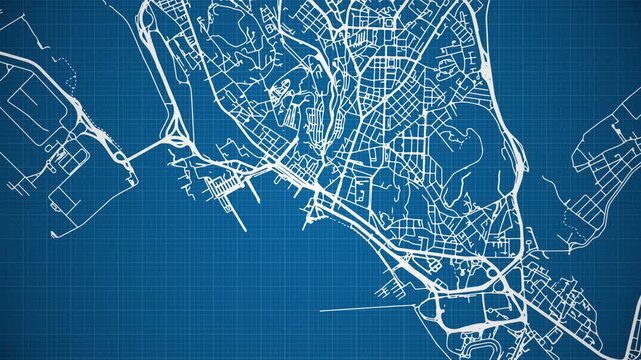 Ink reveal animation of Cagliari city, Sardinia, Italy, grid map. Aerial top view. Blueprint style. White lines with blue background. 4K Seamless loop.
