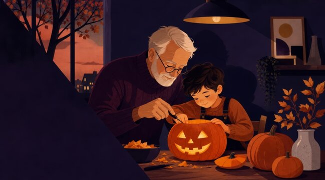 Grandfather and child carving pumpkin illustration