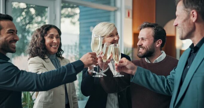 Happy, toast and business people with champagne in office for success, deal closure and victory. Corporate, team and workers with alcohol, cheers and celebrate for achievement, support and milestone