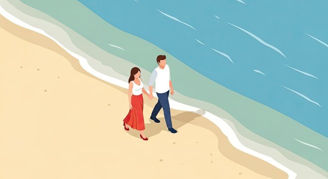 Isometric illustration of a romantic couple walking along a sandy beach coastline by the sea.