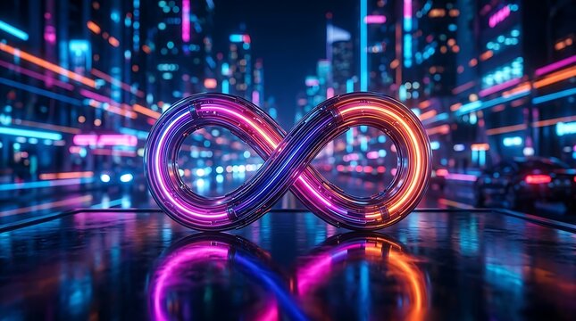Glowing neon infinity sign symbol with colorful light reflections in a blurred modern city street background at night