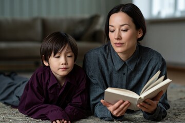 Obraz premium Mother and child reading a book together on the floor for cozy family reading background and home education banner design