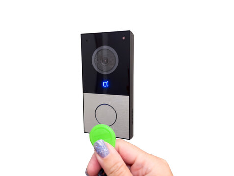 Video intercom doorbell with RFID access key isolated on transparent background for secure entry systems. Smart access control equipment for residential and commercial building security.