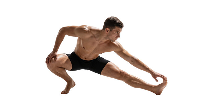 Athletic muscular man stretching legs, fit male athlete performing side lunge warm up, shirtless bodybuilder practicing flexibility exercises isolated PNG with Transparent Background