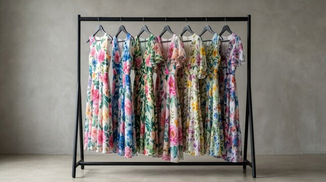 Rack of colorful floral summer dresses on hangers.