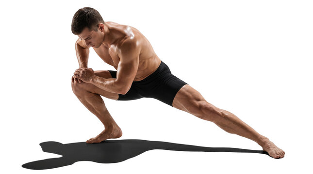Athletic muscular man performing side lunge stretch, fitness male athlete warming up for workout, bodybuilder training leg muscles and flexibility isolated PNG with Transparent Background