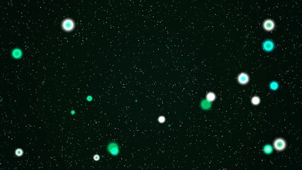 Ethereal glowing particles in vibrant green and white drift across a dark, speckled background, evoking a sense of wonder and a magical, natural abstract environment © Ruhul Amin  