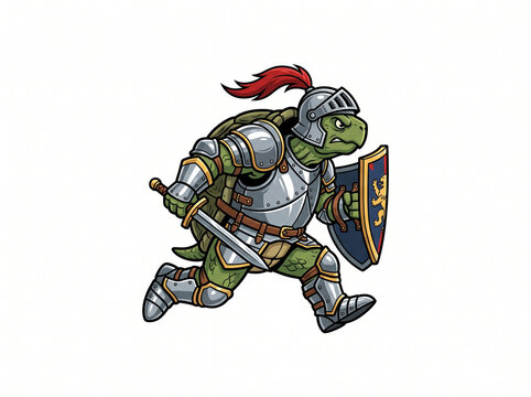 Anthropomorphic Turtle Knight in Armor Running with Sword and Shield
