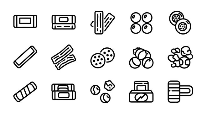 Set of minimalist line icons featuring various snacks  candies  and treats in black outline