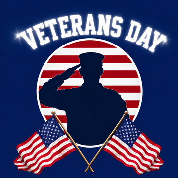 Veterans Day tribute with saluting soldier and two American flags