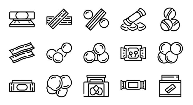 Set of chewing gum and sweet candy linear outline icons