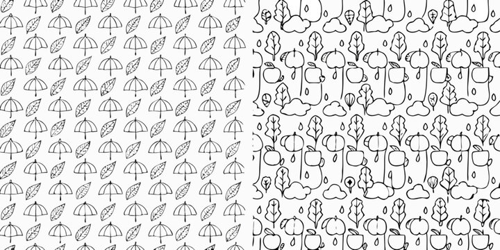 Autumn Leaf And Mushroom Pattern Black And White Doodle Style