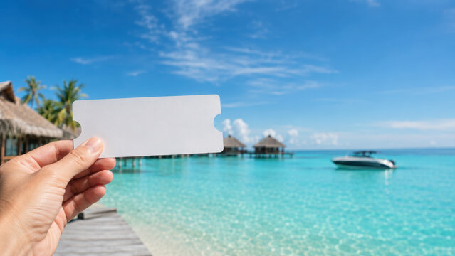 Luxury resort ticket held by hand with turquoise sea, overwater bungalows and speedboat under blue sky, tropical vacation concept