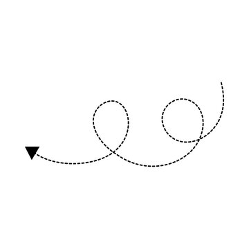 Dotted swirl arrow path moving left with sharp triangular head indicating direction of movement on white background illustrating animated loop trajectory for user interface elements or infographic.