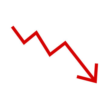 Red down arrow zigzag financial graph showing decrease in value isolated on white background for business market crash or economic crisis concept illustration with simple thick stroke vector symbol.