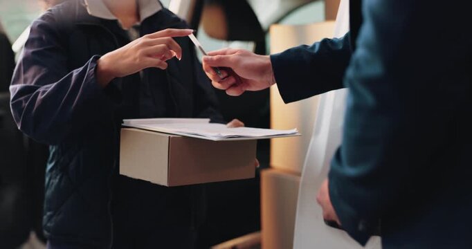 Hands, delivery man and customer with clipboard for signature, compliance and proof of shipment. Courier service, worker and person with safety approval for package, distribution or checklist for box