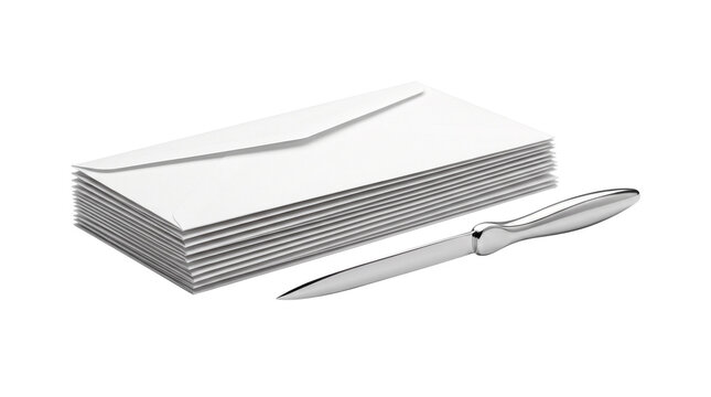 Professional white paper envelopes stack with silver letter opener, corporate mail stationery set, office correspondence supplies isolated PNG with Transparent Background