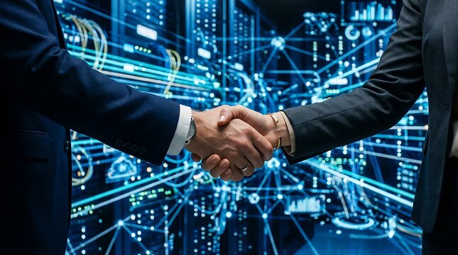 Two business people shaking hands in front of a blue digital network background representing modern technology data