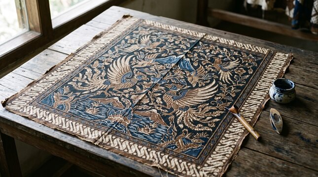 traditional indonesian batik fabric with canting tool on wooden table