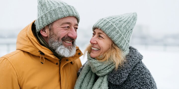 Senior couple in mint green hats and scarves sharing a joyful moment outdoors in snow for winter banner and portrait design