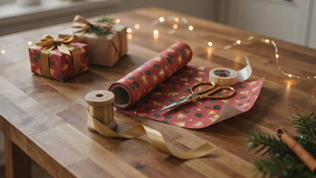 A wooden table set for wrapping christmas gifts with red patterned paper, gold ribbon, scissors, tape, and small wrapped presents with greenery