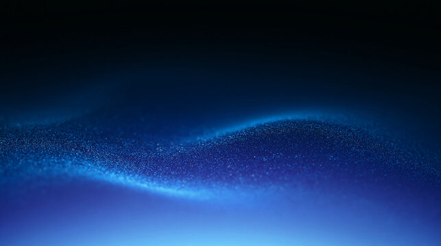 Abstract blue glowing particle wave on dark background. Digital audio frequency or dynamic dust wave concept. Modern technological wallpaper, fluid motion, technology, or high-tech data visualization.