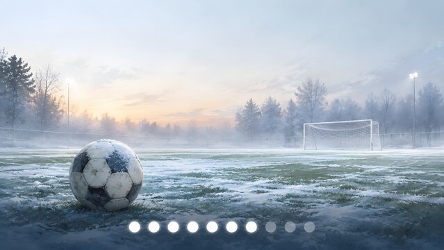 sports football loading screen illustration with snowy outdoor pitch, football goal and glowing progress circles

