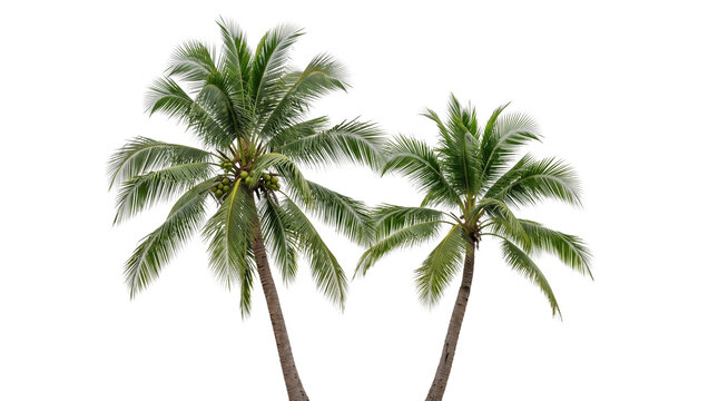 Tropical coconut palm trees with green fronds, exotic summer palm tree pair, lush botanical vegetation for coastal vacation and travel design isolated PNG with Transparent Background