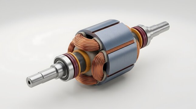 Electric motor rotor with copper coils representing electric vehicle technology and industrial engineering