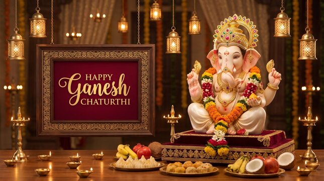 A vibrantly colored idol of lord ganesha sits on a decorative base illuminated by soft warm lights celebrating ganesh chaturthi with festive cheer