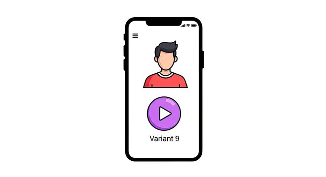 Mobile application interface with user profile avatar and video play button on smartphone screen
