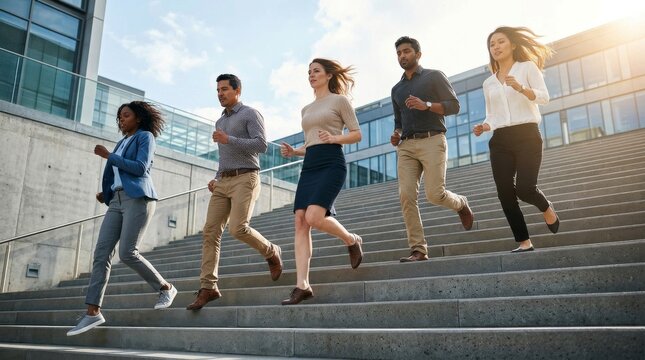 Diverse Group of Young Professionals Running Down Office Stairs Together.