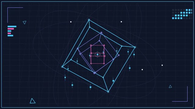 Rotating 3d digital wireframe cube on futuristic hud interface