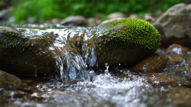 Clear flowing water cascades over mossy rocks in a serene forest stream with lush green foliage in the background