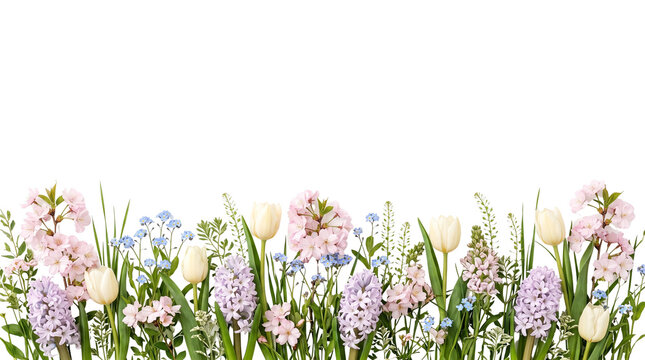 Spring flower border with pink hyacinths and white tulips, pastel floral arrangement for Easter greeting cards, fresh garden blossoms banner isolated PNG with Transparent Background