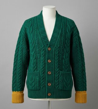 Classic Emerald Green Cable Knit Cardigan Sweater on Mannequin.