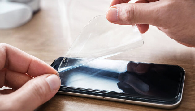 Hands peeling black screen protector from smartphone