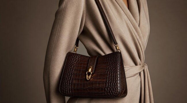 Elegant woman wearing a beige trench coat holding a luxury brown crocodile leather handbag.