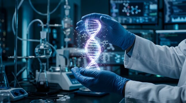 A scientist in a laboratory holding a glowing digital dna strand hologram while conducting advanced genetic research and medical analysis