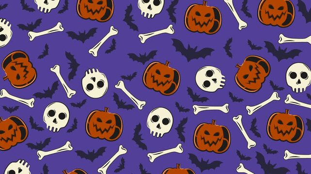 A 4K seamless looping purple Halloween animation featuring a scattered toss pattern of orange jack-o'-lanterns, skulls, bones, and flying bats. Great spooky backdrop.