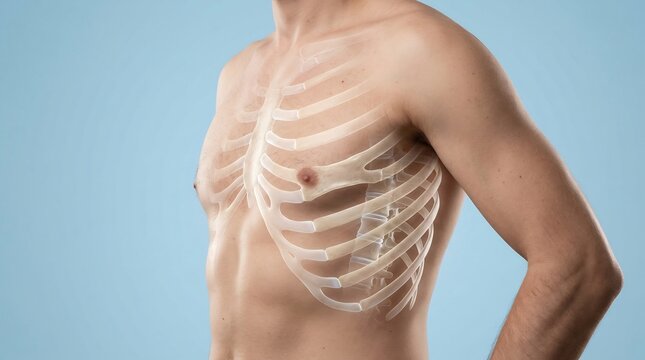 Anatomical illustration of human rib cage and skeletal structure on male torso, medical concept