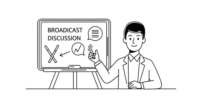 Man giving a presentation about broadcast discussion on a whiteboard line art illustration