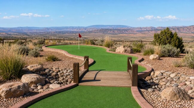 Scenic Miniature Golf Course Hole with Wooden Bridge in Desert Landscape.