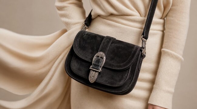 Stylish woman wearing a fashionable black leather shoulder bag with metallic buckle detail.
