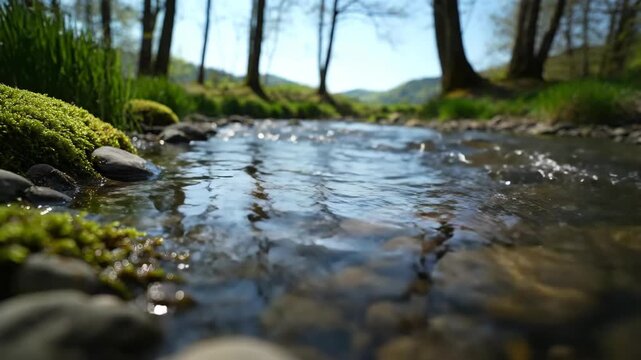 A clear forest stream flows over rocks with green moss and trees reflecting in the water on a sunny day
