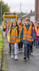 Fototapeta premium walking bus with school children in urban setting